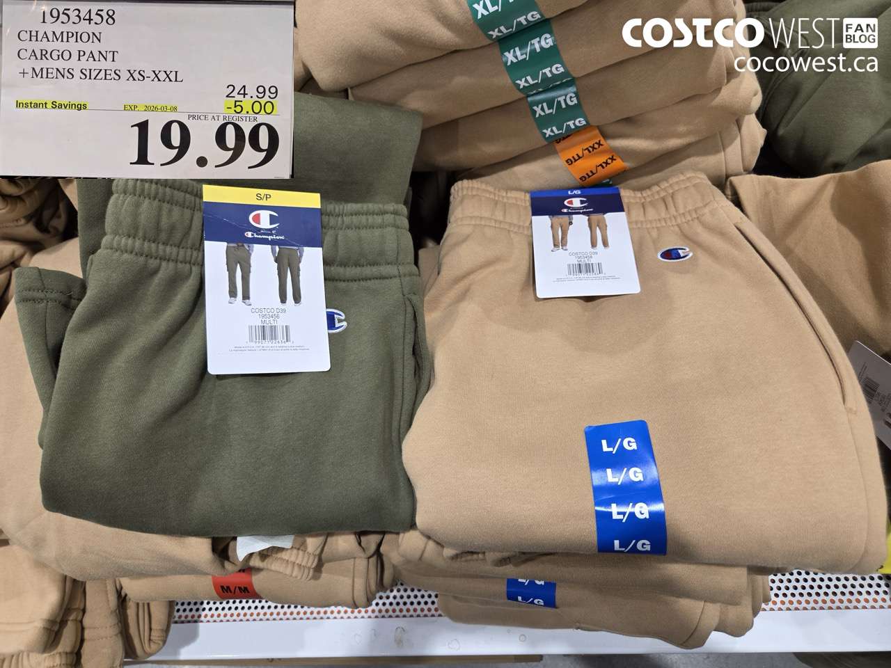 1953458 CHAMPION CARGO PANT +MENS SIZES XS-XXL ($5.00 INSTANT SAVINGS EXPIRES ON 2026-03-08) $19.99