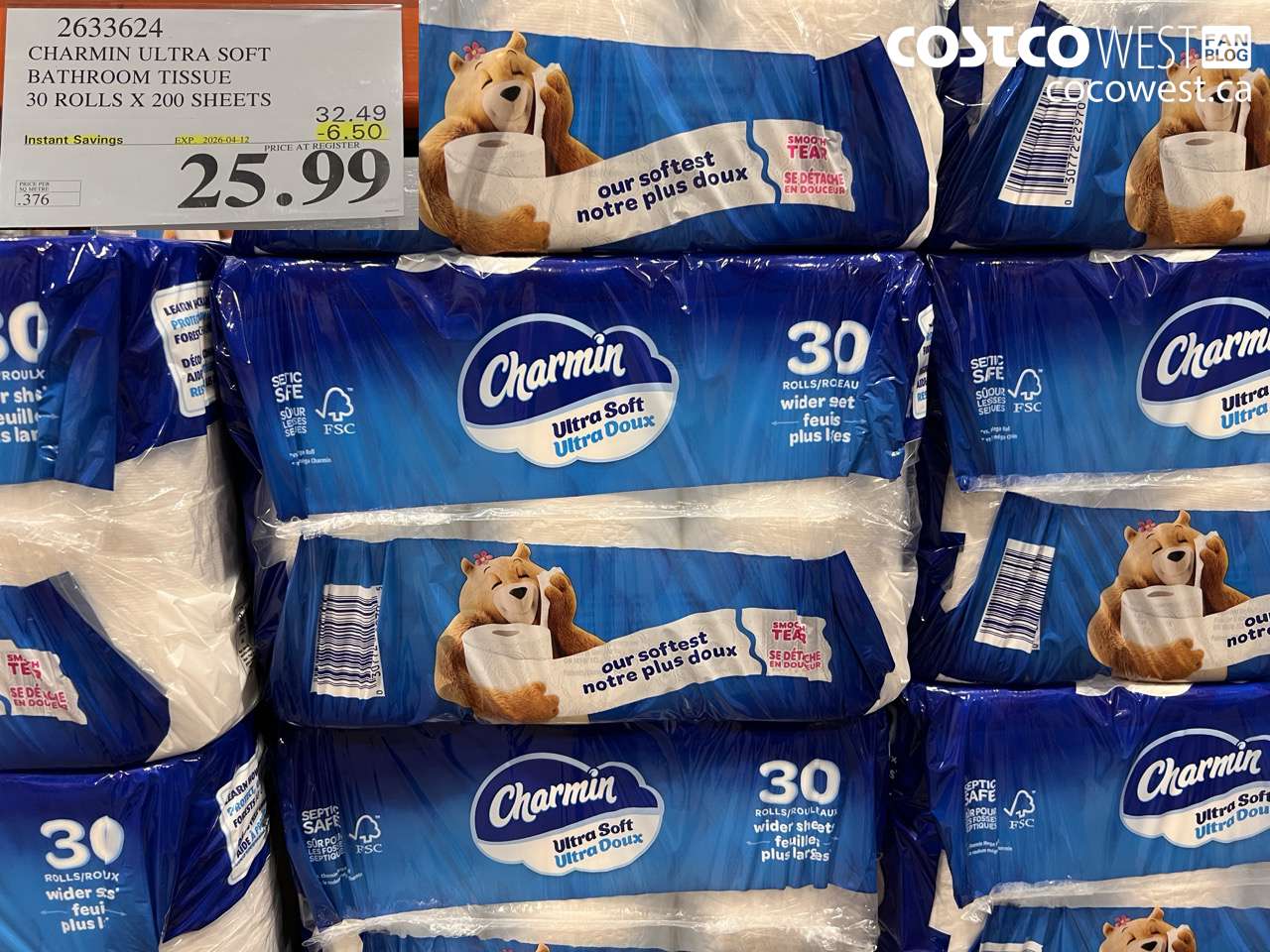 2633624 CHARMIN ULTRA SOFT BATHROOM TISSUE 30 ROLLS X 200 SHEETS ($6.50 INSTANT SAVINGS EXPIRES ON 2026-04-12) $25.99