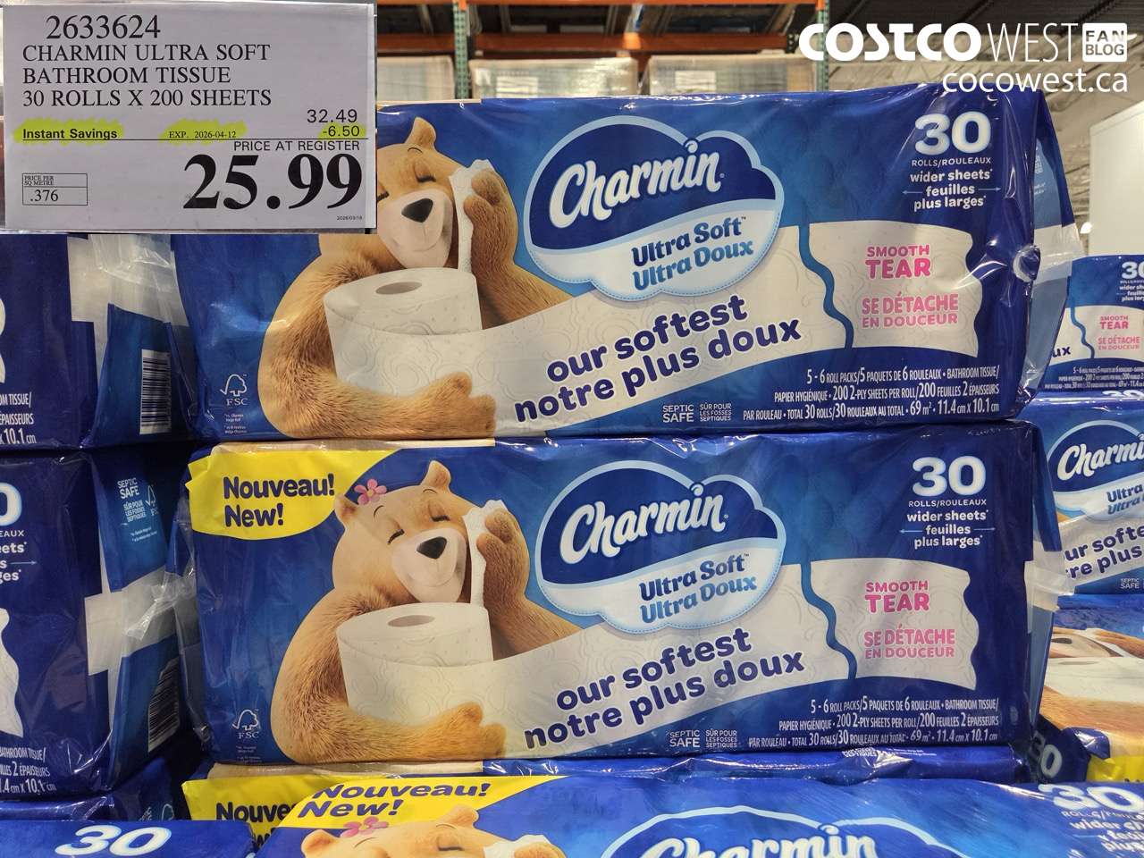 2633624 CHARMIN ULTRA SOFT BATHROOM TISSUE 30 ROLLS X 200 SHEETS ($6.50 INSTANT SAVINGS EXPIRES ON 2026-04-12) $25.99