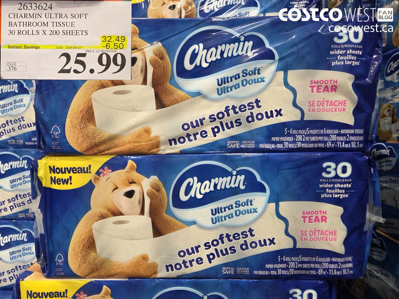2633624 CHARMIN ULTRA SOFT BATHROOM TISSUE 30 ROLLS X 200 SHEETS ($6.50 INSTANT SAVINGS EXPIRES ON 2026-04-12) $25.99