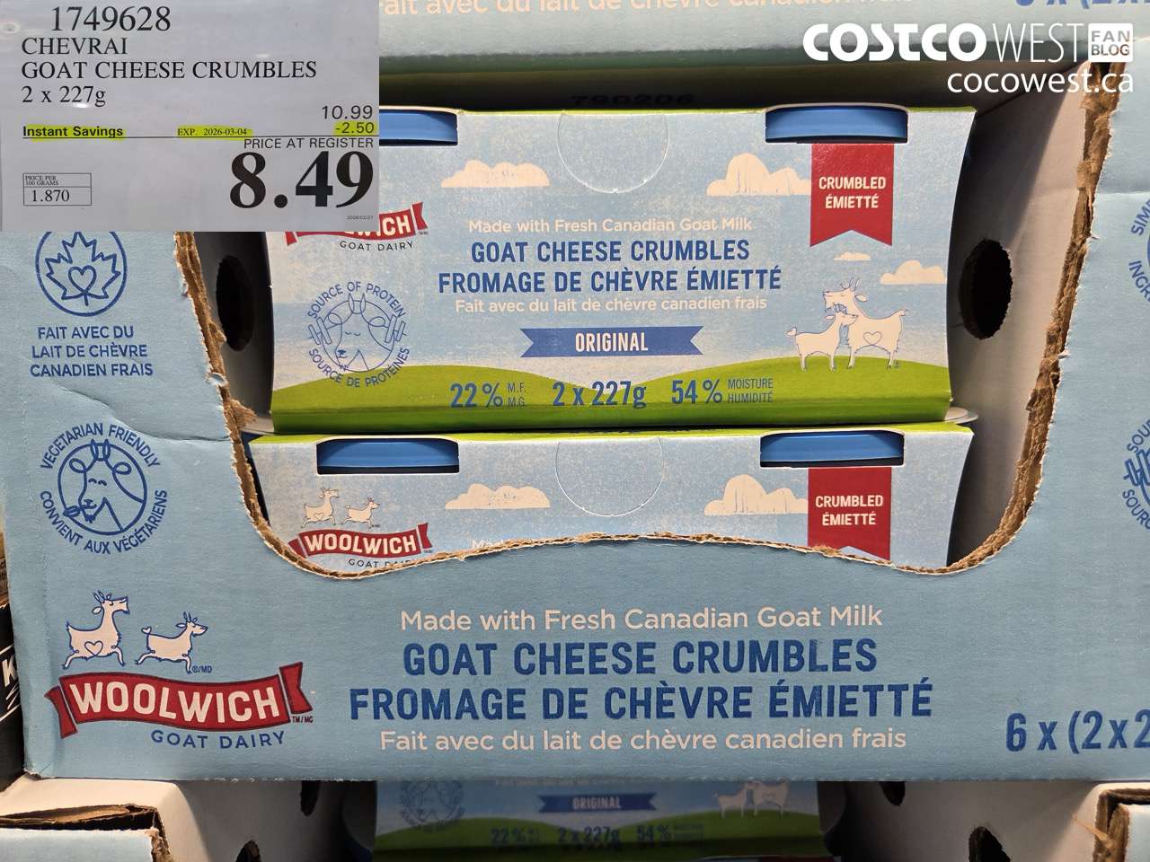 1749628 CHEVRAI GOAT CHEESE CRUMBLES 2 X 227G ($2.50 INSTANT SAVINGS EXPIRES ON 2026-03-04) $8.49