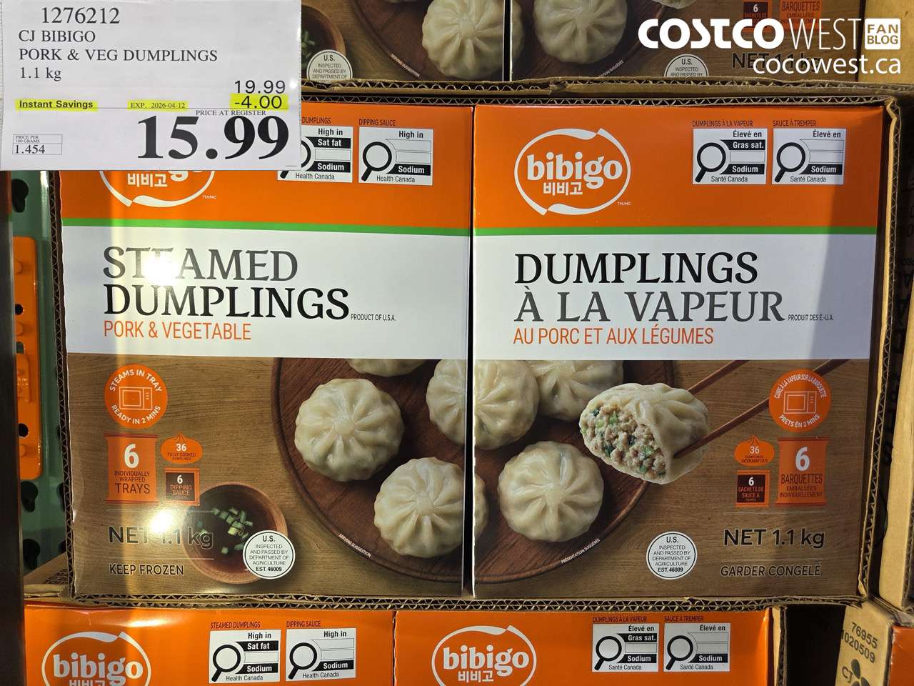 1276212 CJ BIBIGO PORK & VEG DUMPLINGS 1.1 KG ($4.00 INSTANT SAVINGS EXPIRES ON 2026-04-12) $15.99
