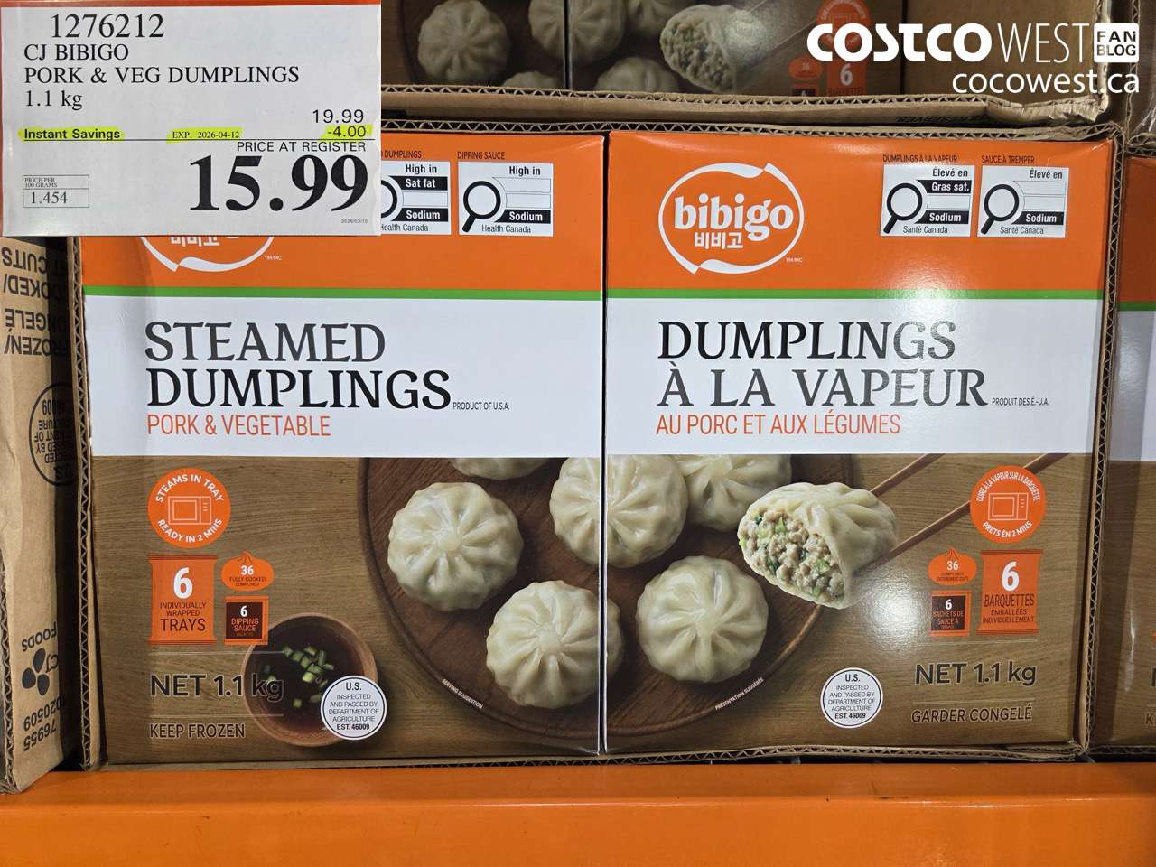 1276212 CJ BIBIGO PORK & VEG DUMPLINGS 1.1 KG ($4.00 INSTANT SAVINGS EXPIRES ON 2026-04-12) $15.99