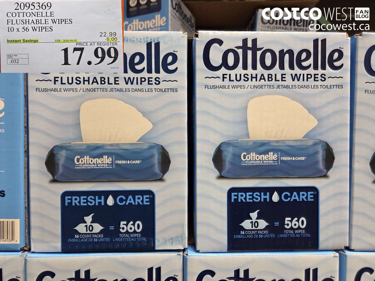 2095369 COTTONELLE FLUSHABLE WIPES 10 x 56 WIPES ($5.00 INSTANT SAVINGS EXPIRES ON 2026-04-05) $17.99