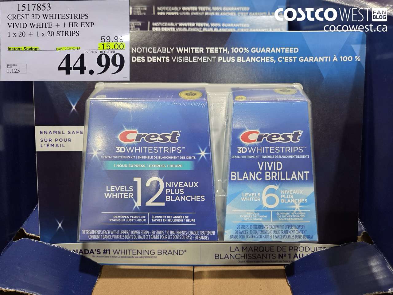 1517853 CREST 3D WHITESTRIPS VIVID WHITE + 1 HR EXP 1 X 20 + 1 X 20 STRIPS ($15.00 INSTANT SAVINGS EXPIRES ON 2026-03-15) $44.99
