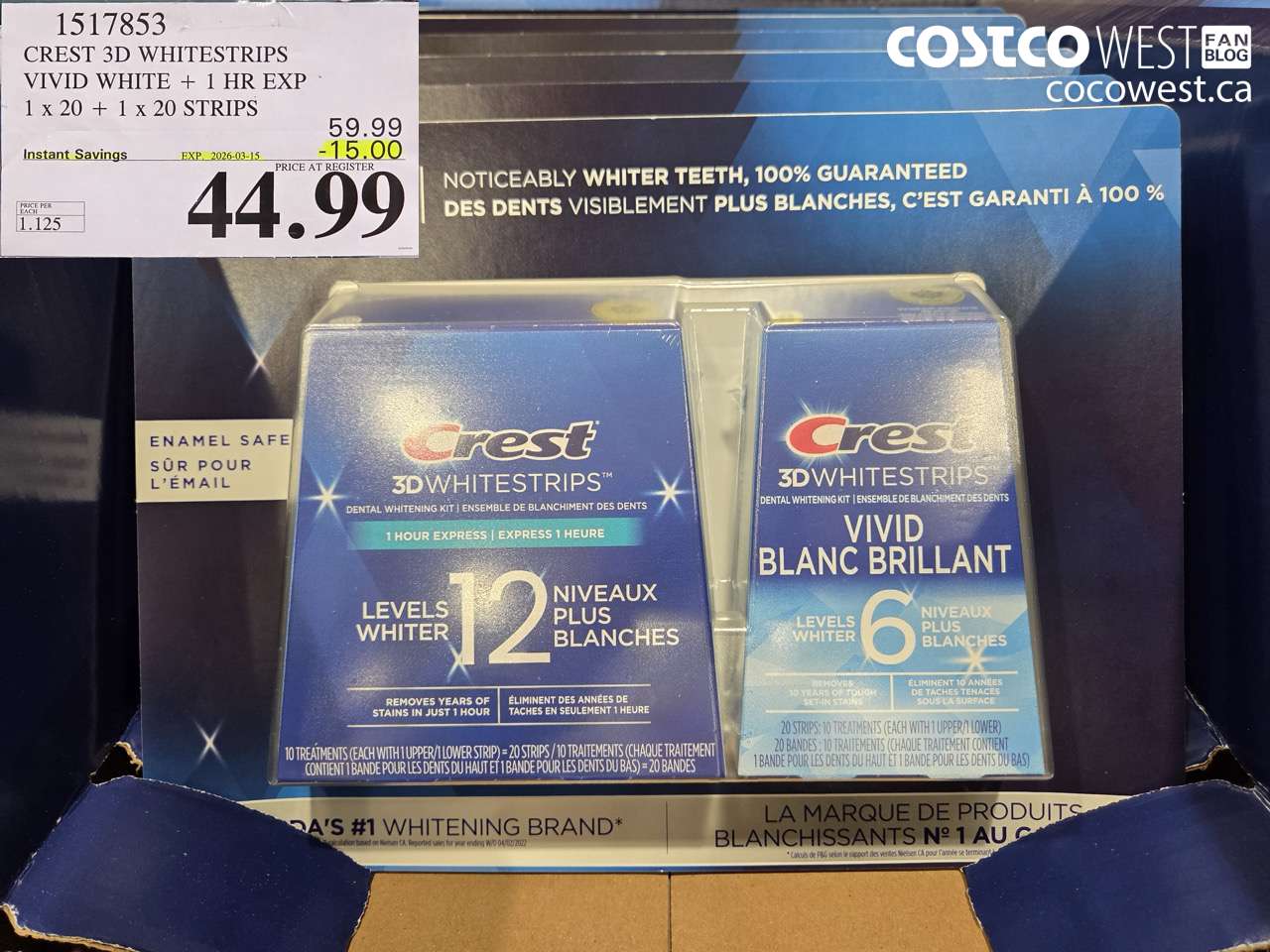 1517853 CREST 3D WHITESTRIPS VIVID WHITE + 1 HR EXP 1 X 20 + 1 X 20 STRIPS ($15.00 INSTANT SAVINGS EXPIRES ON 2026-03-15) $44.99