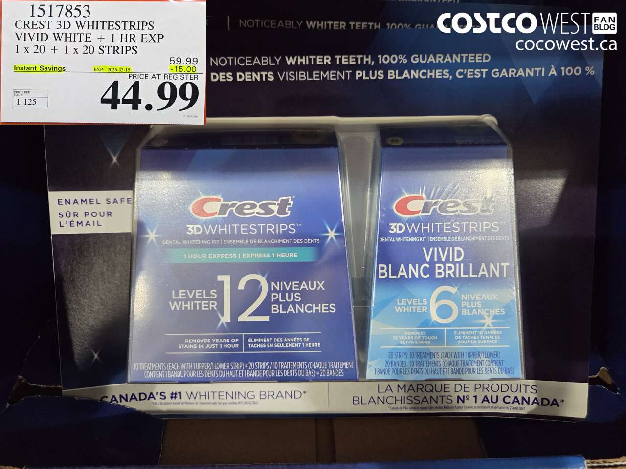 1517853 CREST 3D WHITESTRIPS VIVID WHITE + 1 HR EXP 1 X 20 + 1 X 20 STRIPS ($15.00 INSTANT SAVINGS EXPIRES ON 2026-03-15) $44.99