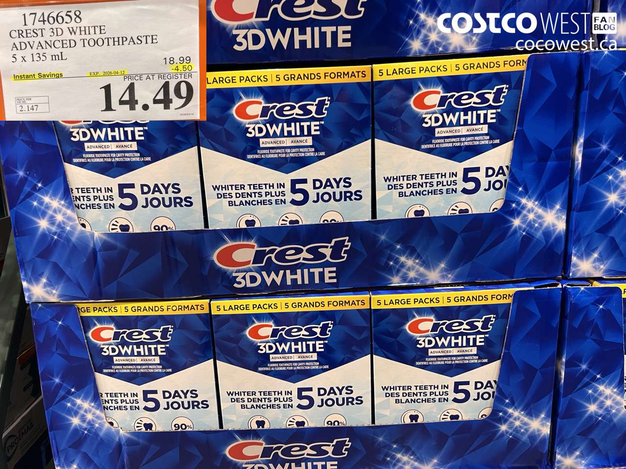 1746658 CREST 3D WHITE ADVANCED TOOTHPASTE 5 X 135ML ($4.50 INSTANT SAVINGS EXPIRES ON 2026-04-12) $14.49
