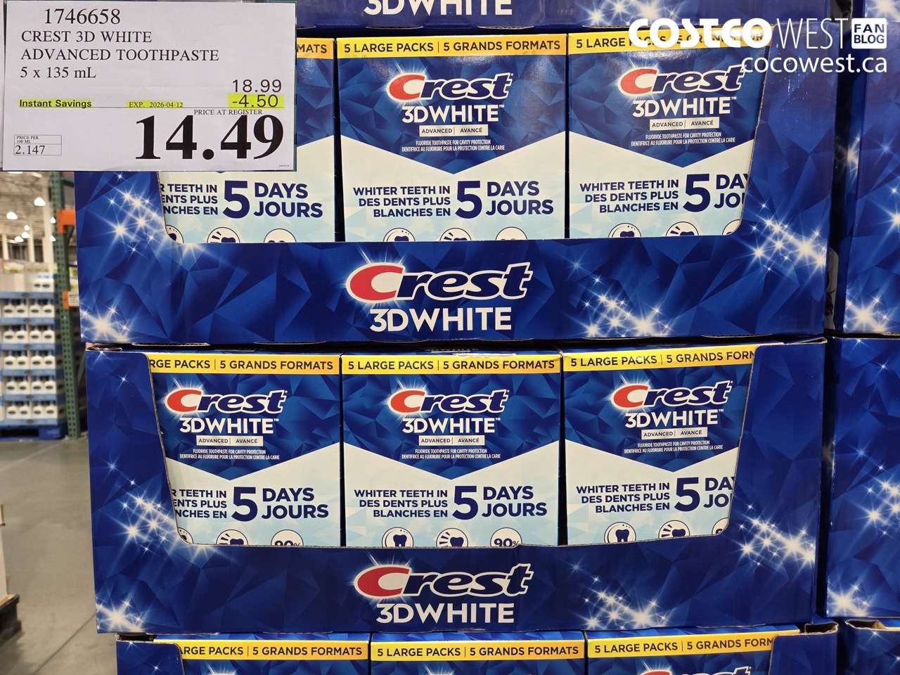 1746658 CREST 3D WHITE ADVANCED TOOTHPASTE 5 X 135ML ($4.50 INSTANT SAVINGS EXPIRES ON 2026-04-12) $14.49