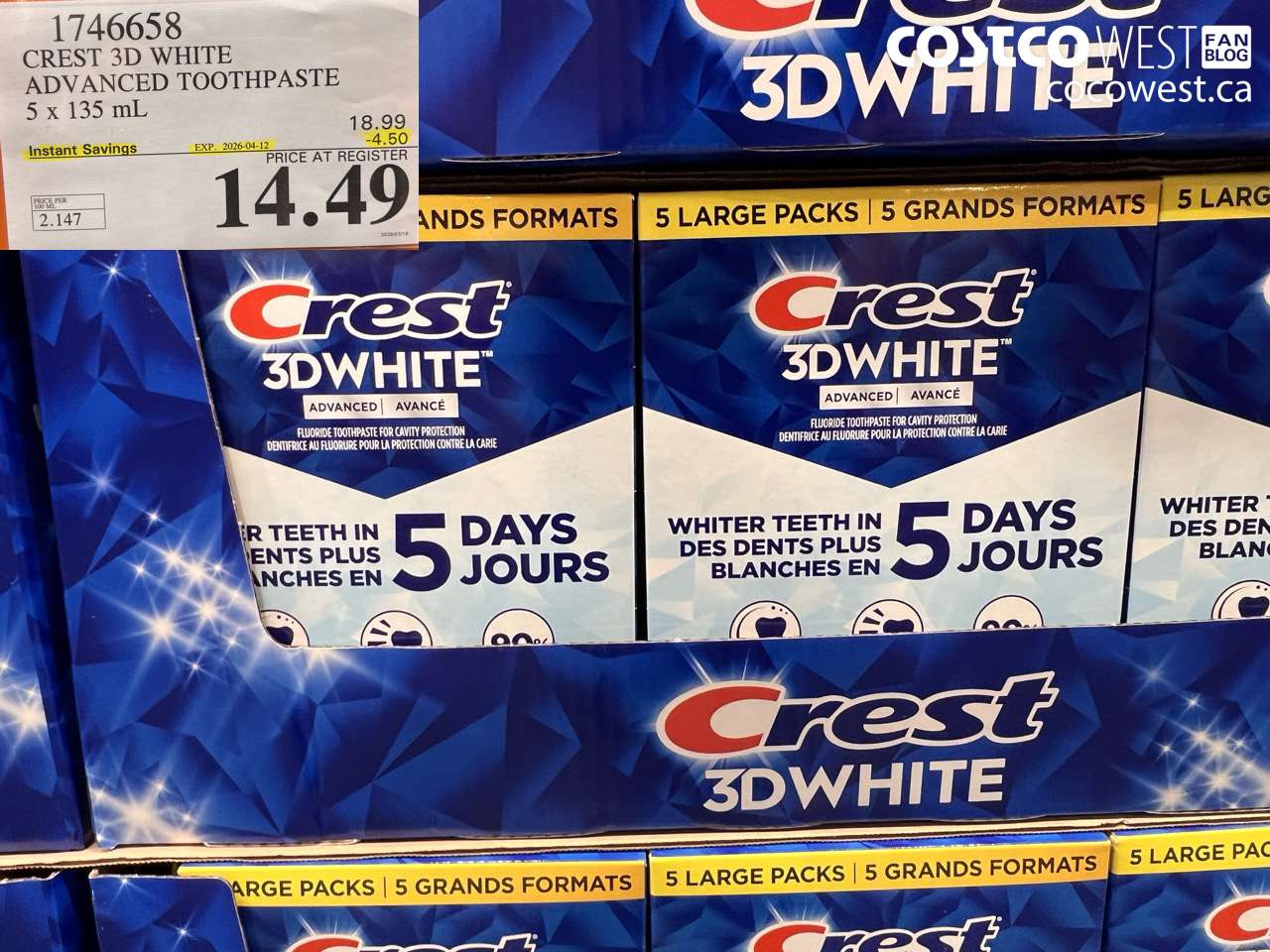 1746658 CREST 3D WHITE ADVANCED TOOTHPASTE 5 X 135 ML ($4.50 INSTANT SAVINGS EXPIRES ON 2026-04-12) $14.49