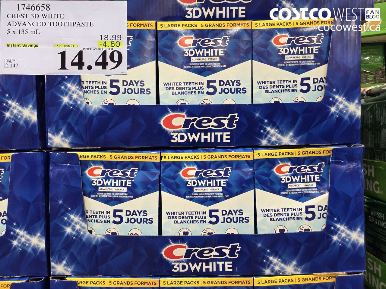 1746658 CREST 3D WHITE ADVANCED TOOTHPASTE 5 X 135 ML ($4.50 INSTANT SAVINGS EXPIRES ON 2026-04-12) $14.49