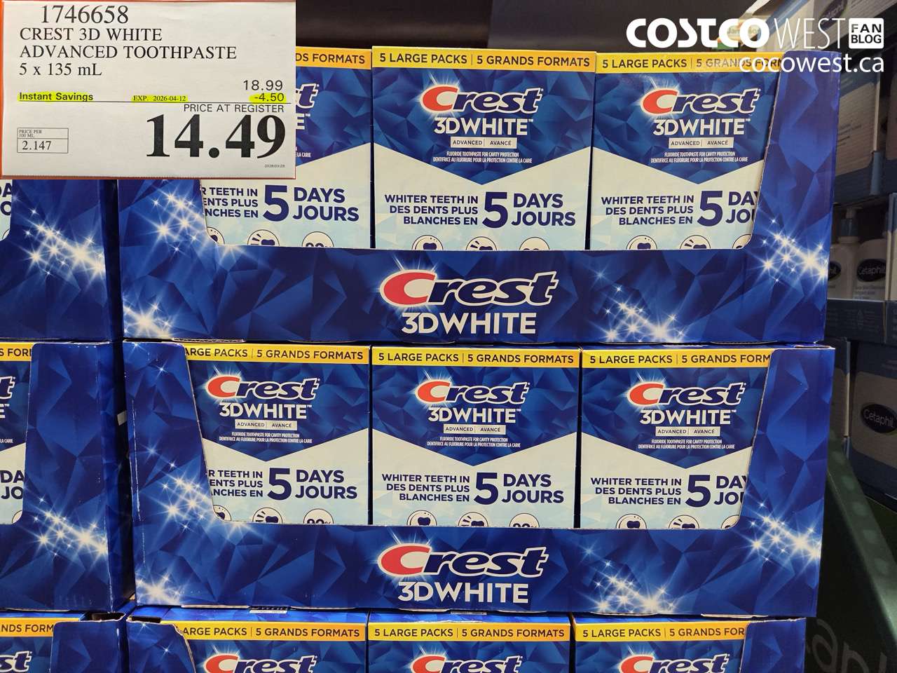 1746658 CREST 3D WHITE ADVANCED TOOTHPASTE 5 X 135 ML ($4.50 INSTANT SAVINGS EXPIRES ON 2026-04-12) $14.49