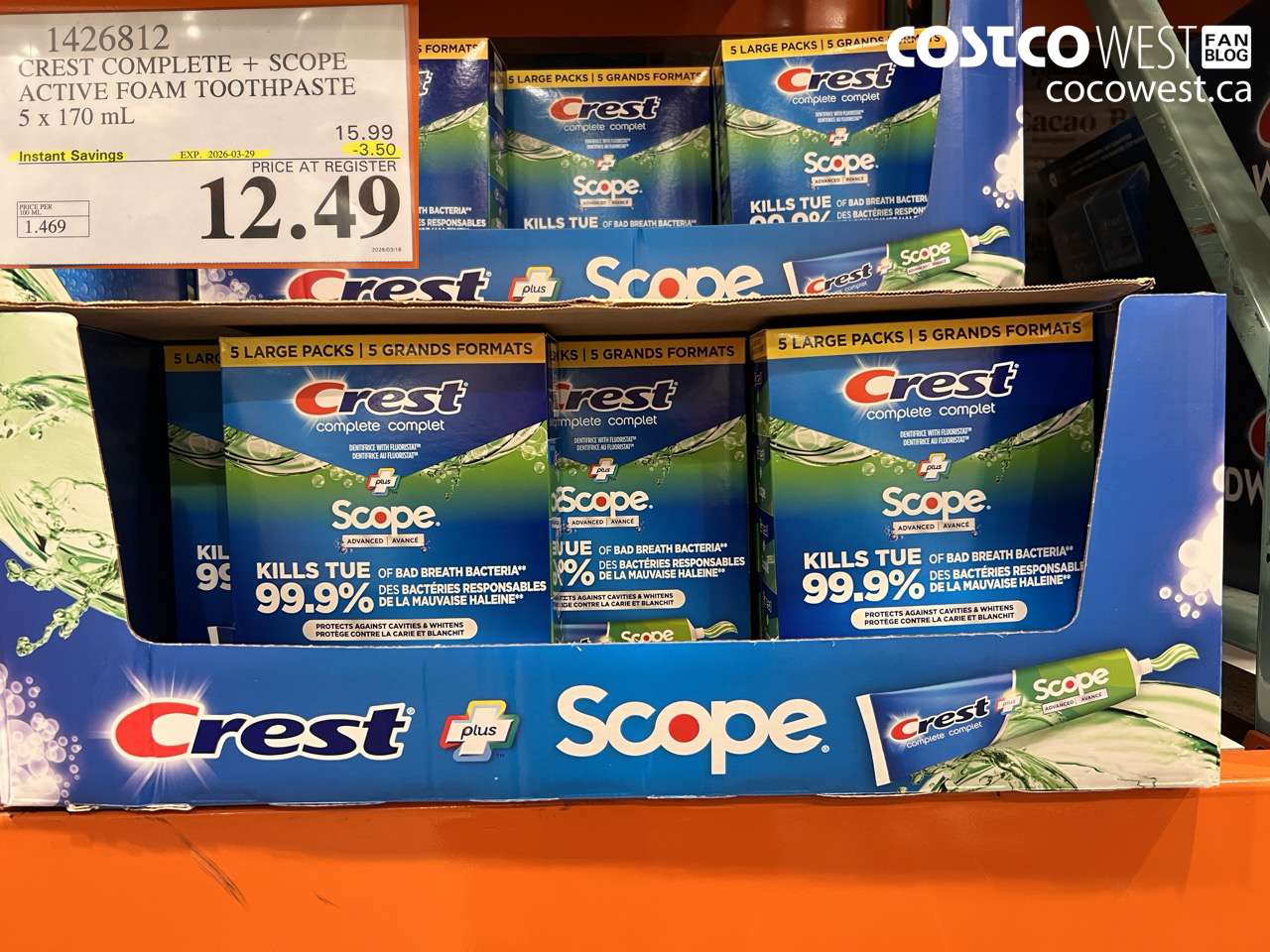 1426812 CREST COMPLETE + SCOPE ACTIVE FOAM TOOTHPASTE 5 X 170 ML ($3.50 INSTANT SAVINGS EXPIRES ON 2026-03-29) $12.49