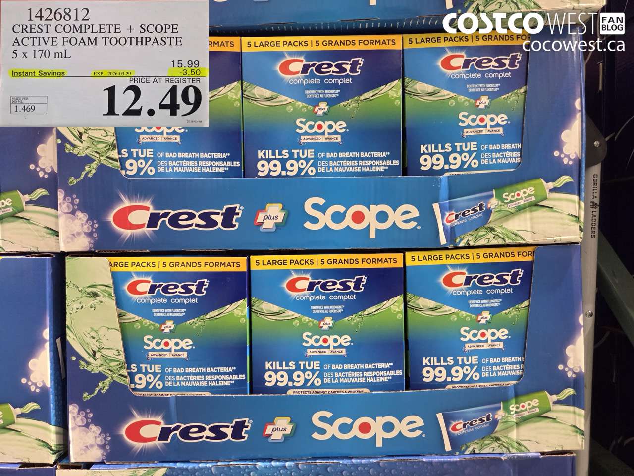 1426812 CREST COMPLETE + SCOPE ACTIVE FOAM TOOTHPASTE 5 X 170 ML ($3.50 INSTANT SAVINGS EXPIRES ON 2026-03-29) $12.49