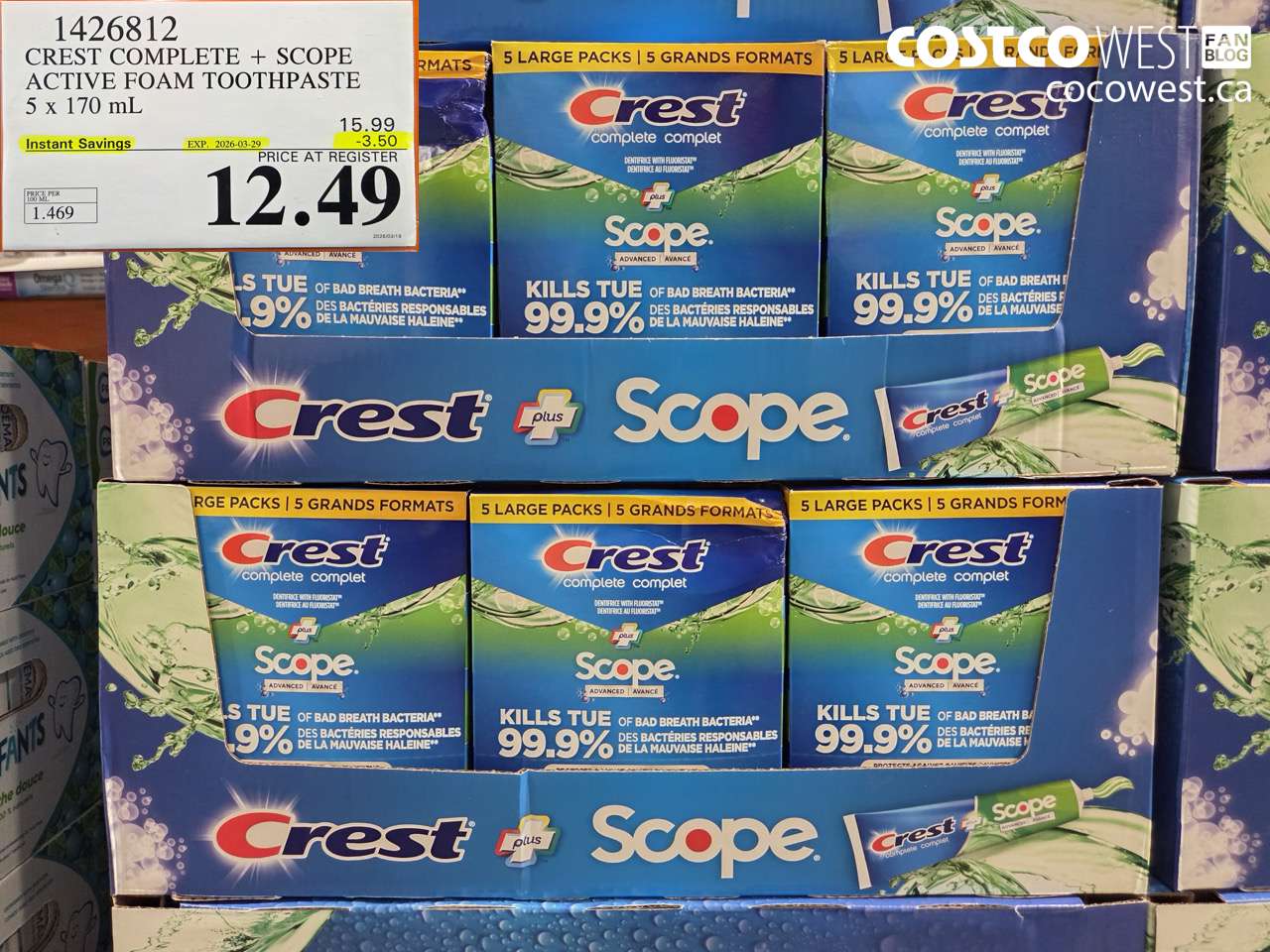 1426812 CREST COMPLETE + SCOPE ACTIVE FOAM TOOTHPASTE 5 x 170 mL ($3.50 INSTANT SAVINGS EXPIRES ON 2026-03-29) $12.49