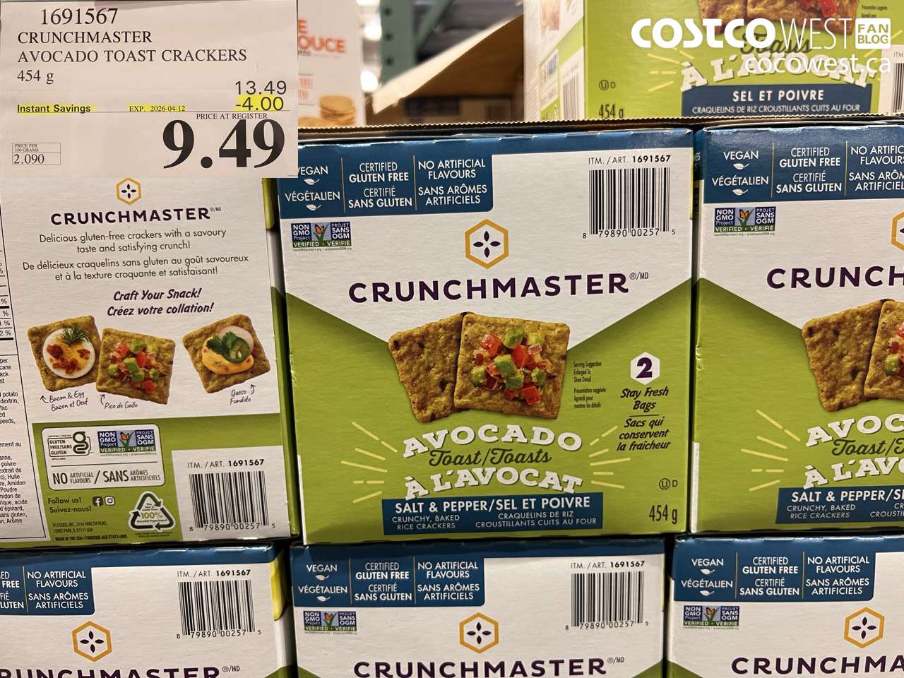 1691567 CRUNCHMASTER AVOCADO TOAST CRACKERS 454G ($4.00 INSTANT SAVINGS EXPIRES ON 2026-04-12) $9.49