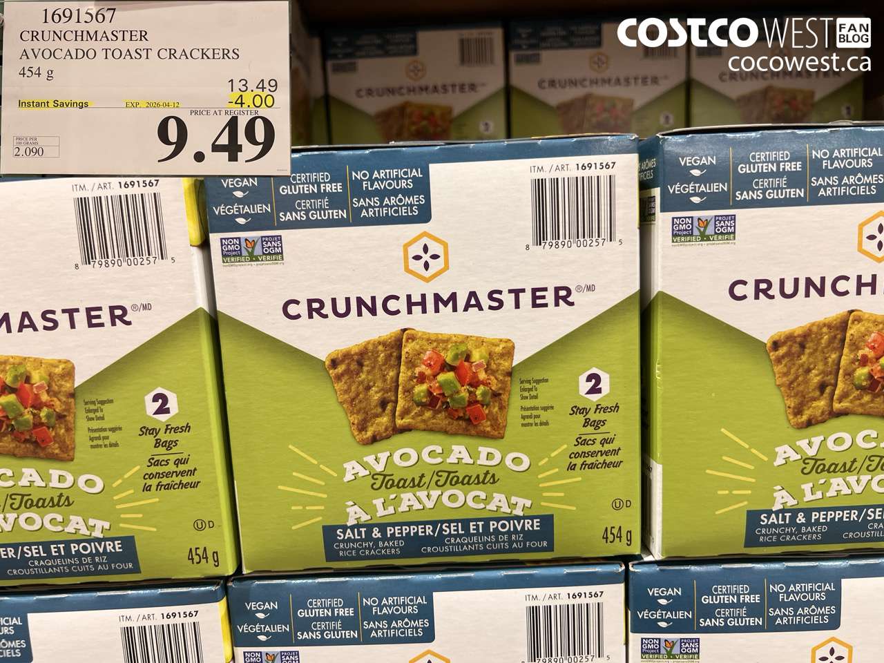 1691567 CRUNCHMASTER AVOCADO TOAST CRACKERS 454 G ($4.00 INSTANT SAVINGS EXPIRES ON 2026-04-12) $9.49