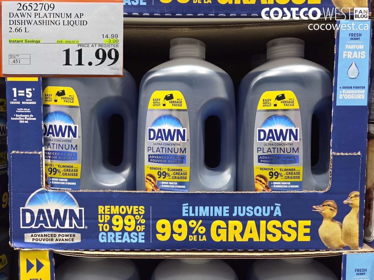 2652709 DAWN PLATINUM AP DISHWASHING LIQUID 2.66 L ($3.00 INSTANT SAVINGS EXPIRES ON 2026-03-15) $11.99