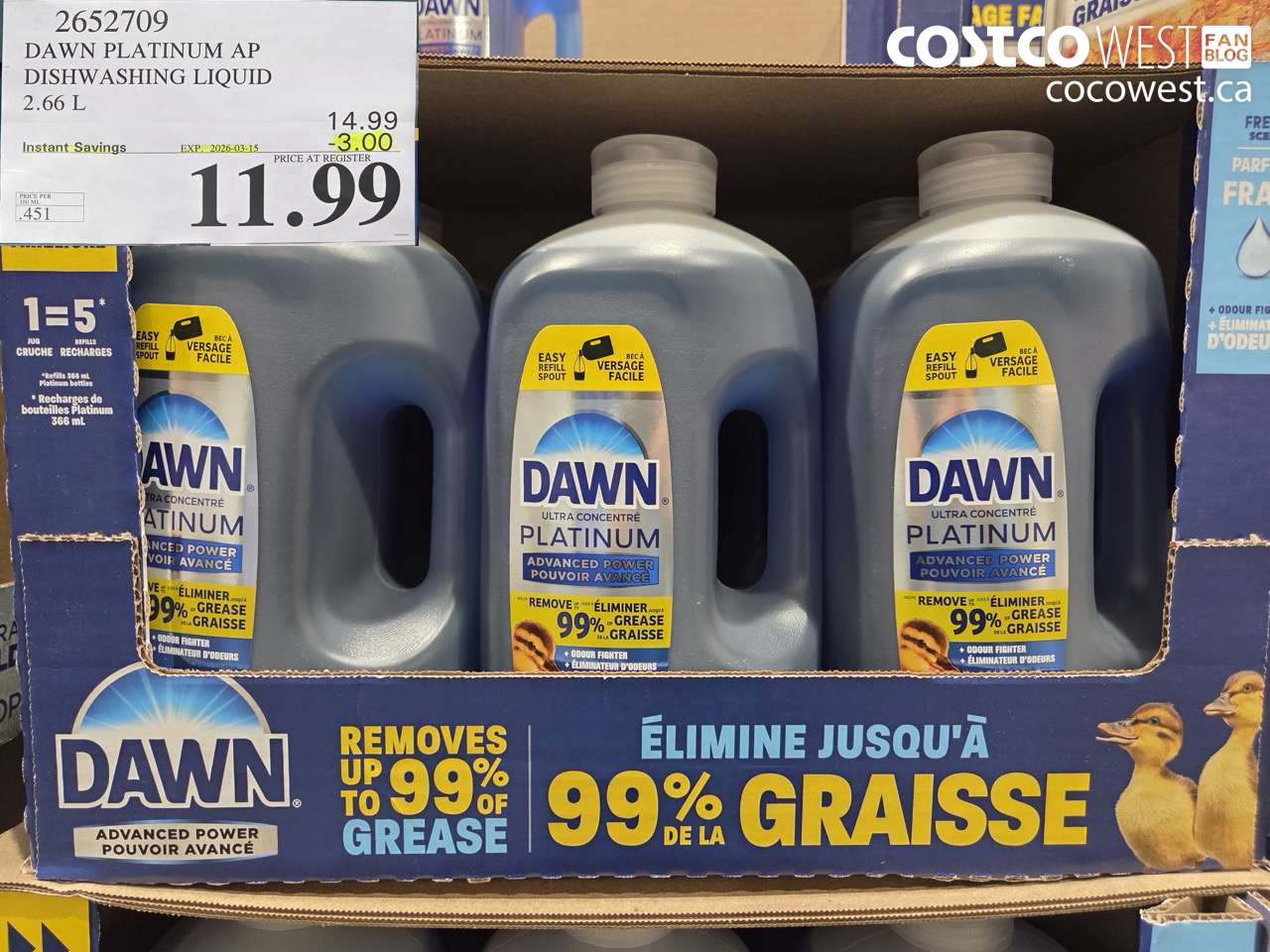 2652709 DAWN PLATINUM AP DISHWASHING LIQUID 2.66 L ($3.00 INSTANT SAVINGS EXPIRES ON 2026-03-15) $11.99