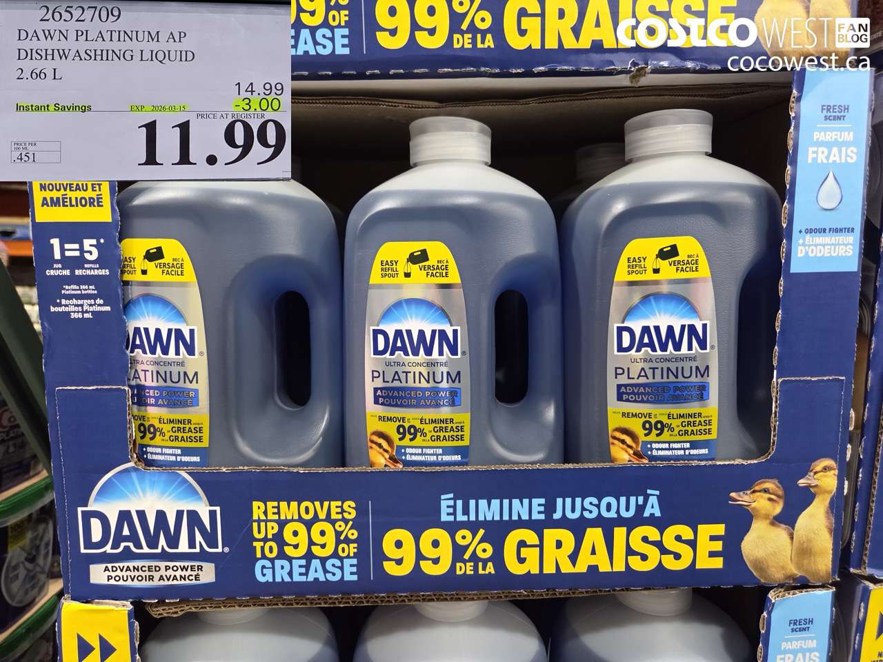 2652709 DAWN PLATINUM AP DISHWASHING LIQUID 2.66 L ($3.00 INSTANT SAVINGS EXPIRES ON 2026-03-15) $11.99