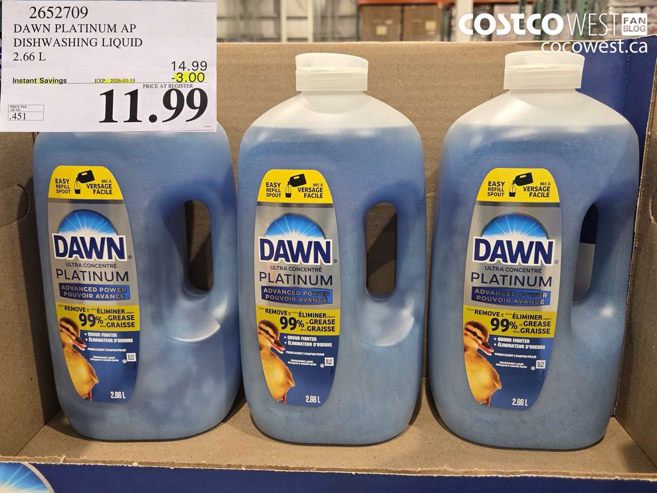 2652709 DAWN PLATINUM AP DISHWASHING LIQUID 2.66 L ($3.00 INSTANT SAVINGS EXPIRES ON 2026-03-15) $11.99