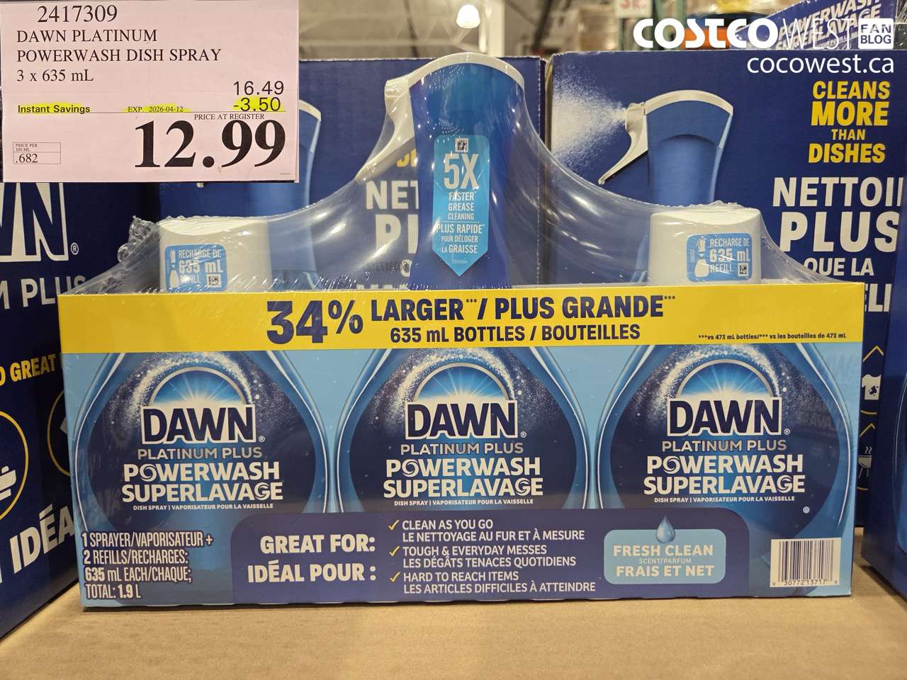 2417309 DAWN PLATINUM POWERWASH DISH SPRAY 3 X 635ML ($3.50 INSTANT SAVINGS EXPIRES ON 2026-04-12) $12.99