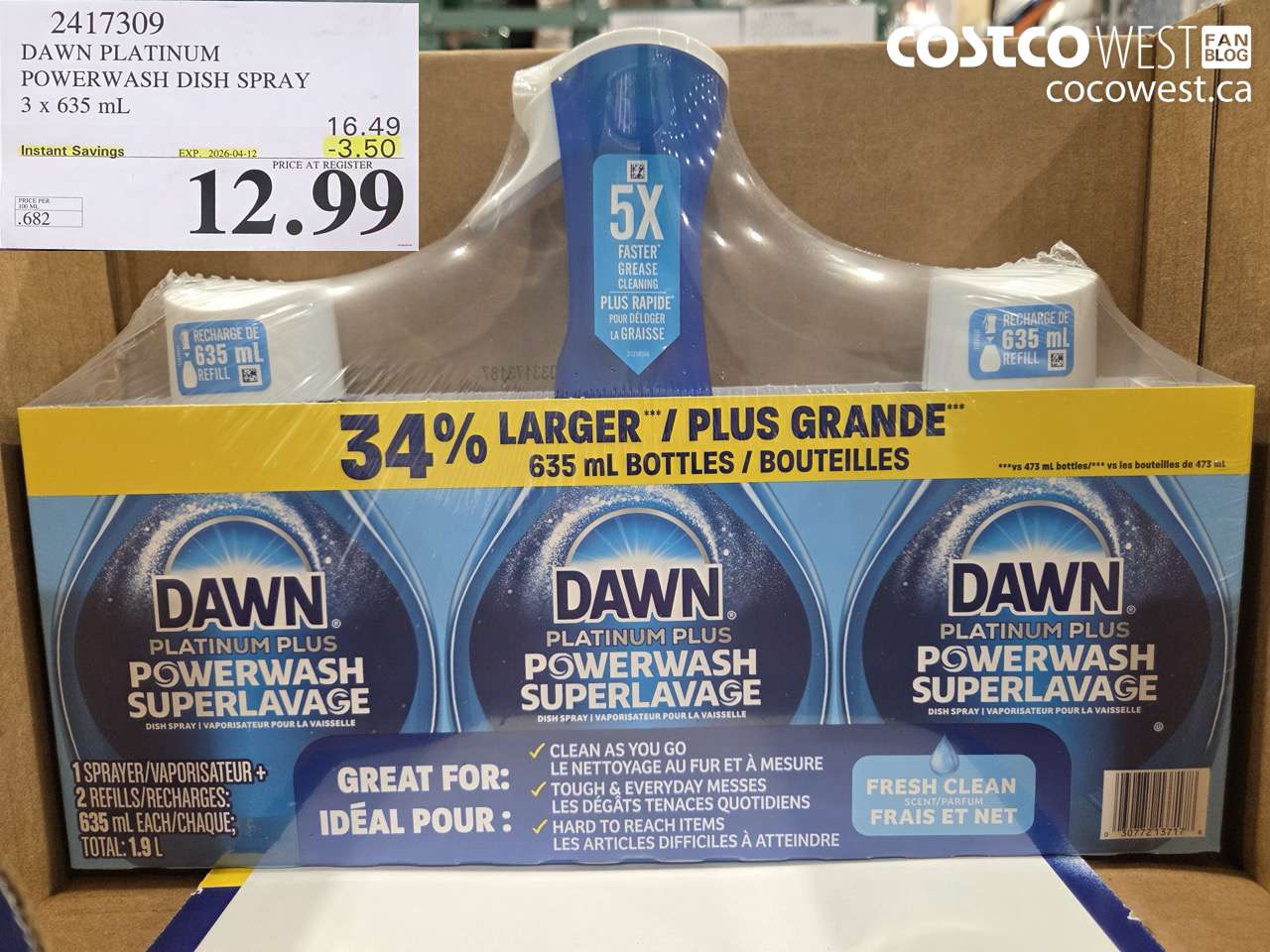 2417309 DAWN PLATINUM POWERWASH DISH SPRAY 3 X 635 ML ($3.50 INSTANT SAVINGS EXPIRES ON 2026-04-12) $12.99