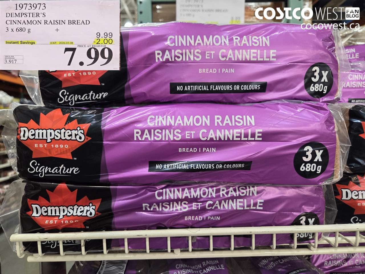 1973973 DEMPSTER'S CINNAMON RAISIN BREAD 3 X 680G ($2.00 INSTANT SAVINGS EXPIRES ON 2026-03-08) $7.99