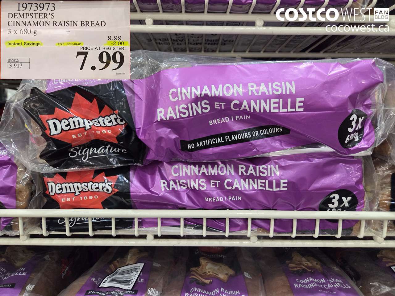 1973973 DEMPSTER'S CINNAMON RAISIN BREAD 3 X 680G ($2.00 INSTANT SAVINGS EXPIRES ON 2026-04-05) $7.99