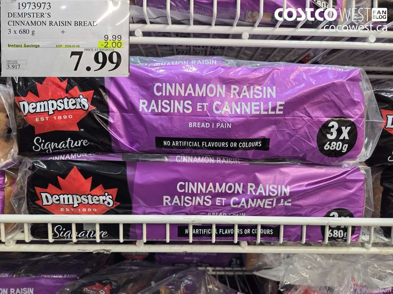 1973973 DEMPSTER'S CINNAMON RAISIN BREAD 3 X 680 G ($2.00 INSTANT SAVINGS EXPIRES ON 2026-03-08) $7.99