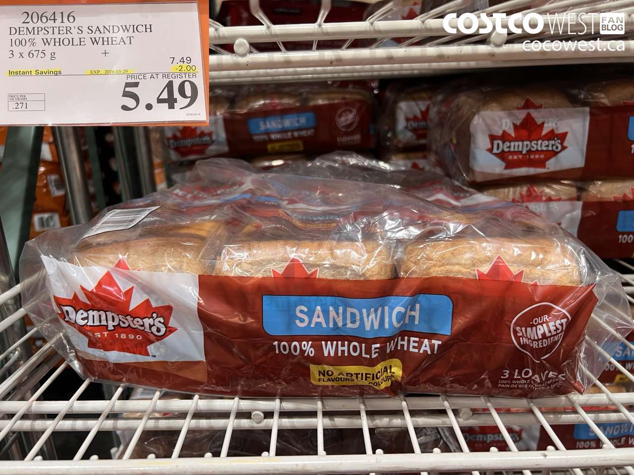 206416 DEMPSTER'S SANDWICH 100% WHOLE WHEAT 3 X 675 G ($2.00 INSTANT SAVINGS EXPIRES ON 2026-03-29) $5.49