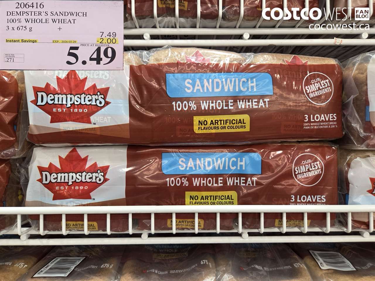 206416 DEMPSTER'S SANDWICH 100% WHOLE WHEAT 3 X 675 G ($2.00 INSTANT SAVINGS EXPIRES ON 2026-03-29) $5.49