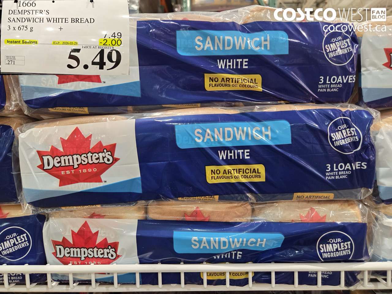 11666 DEMPSTER'S SANDWICH WHITE BREAD 3 X 675G ($2.00 INSTANT SAVINGS EXPIRES ON 2026-03-29) $5.49