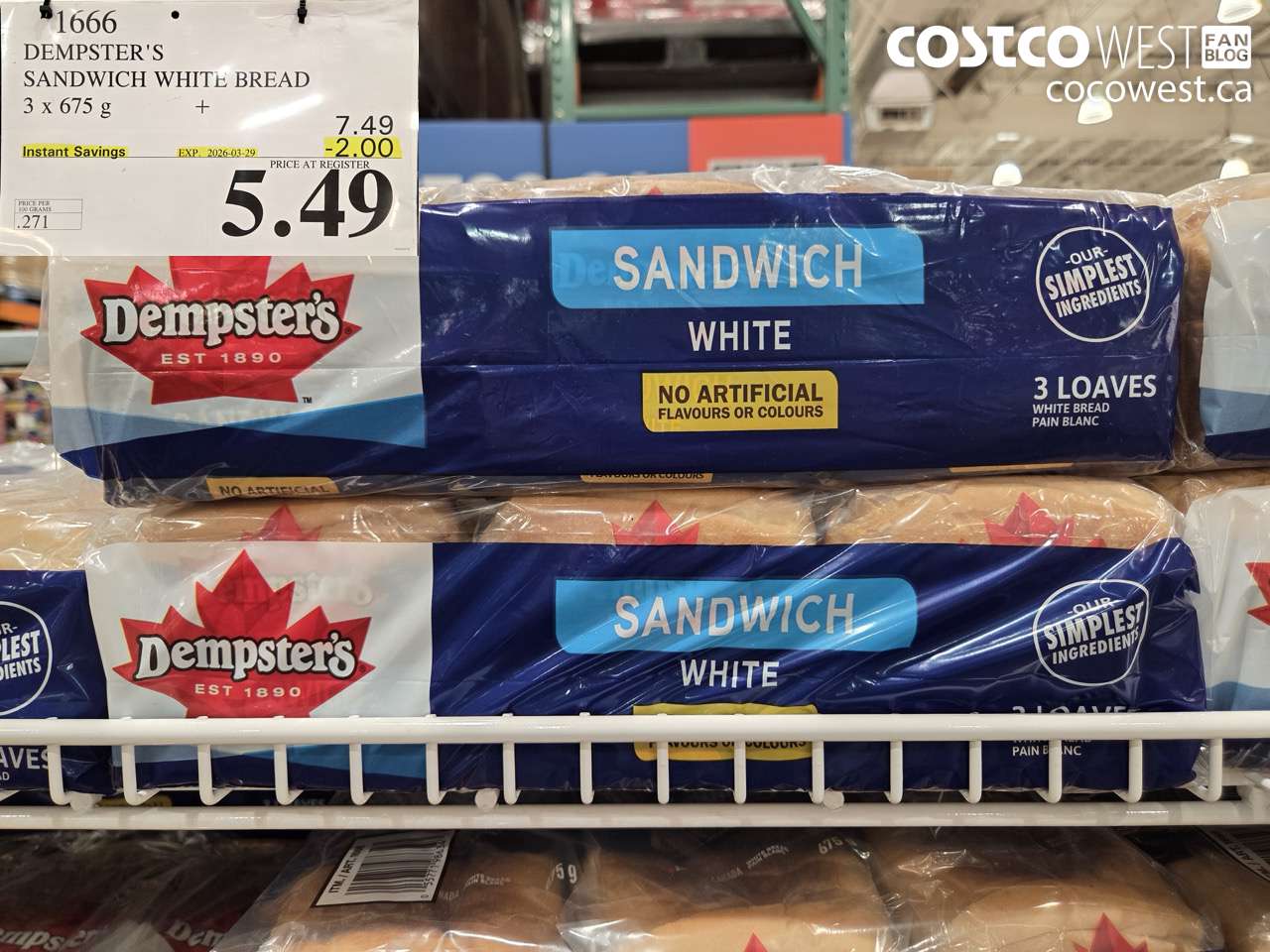 1666 DEMPSTER'S SANDWICH WHITE BREAD 3 X 675G ($2.00 INSTANT SAVINGS EXPIRES ON 2026-03-29) $5.49