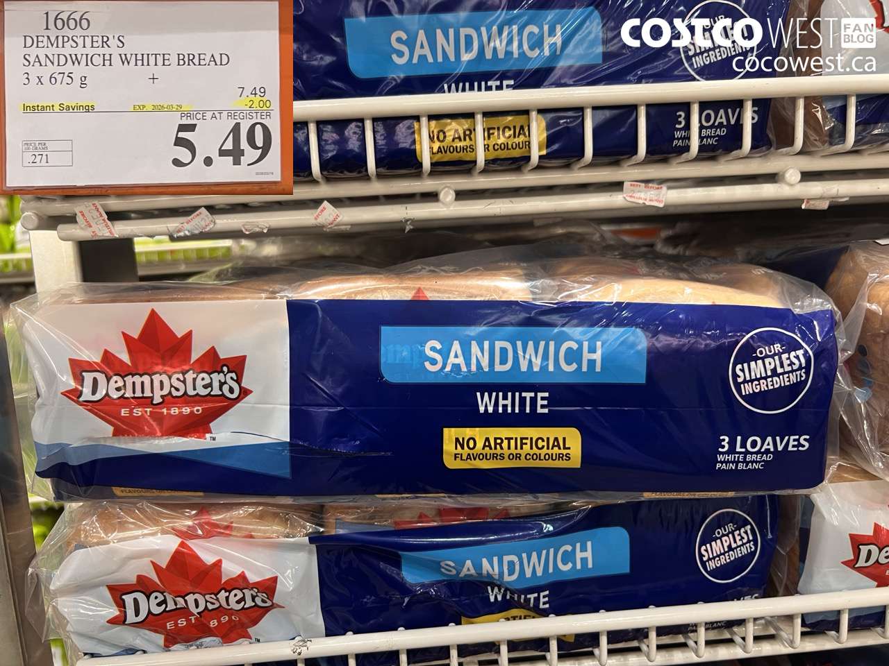 1666 DEMPSTER'S SANDWICH WHITE BREAD 3 X 675 G ($2.00 INSTANT SAVINGS EXPIRES ON 2006-03-29) $5.49