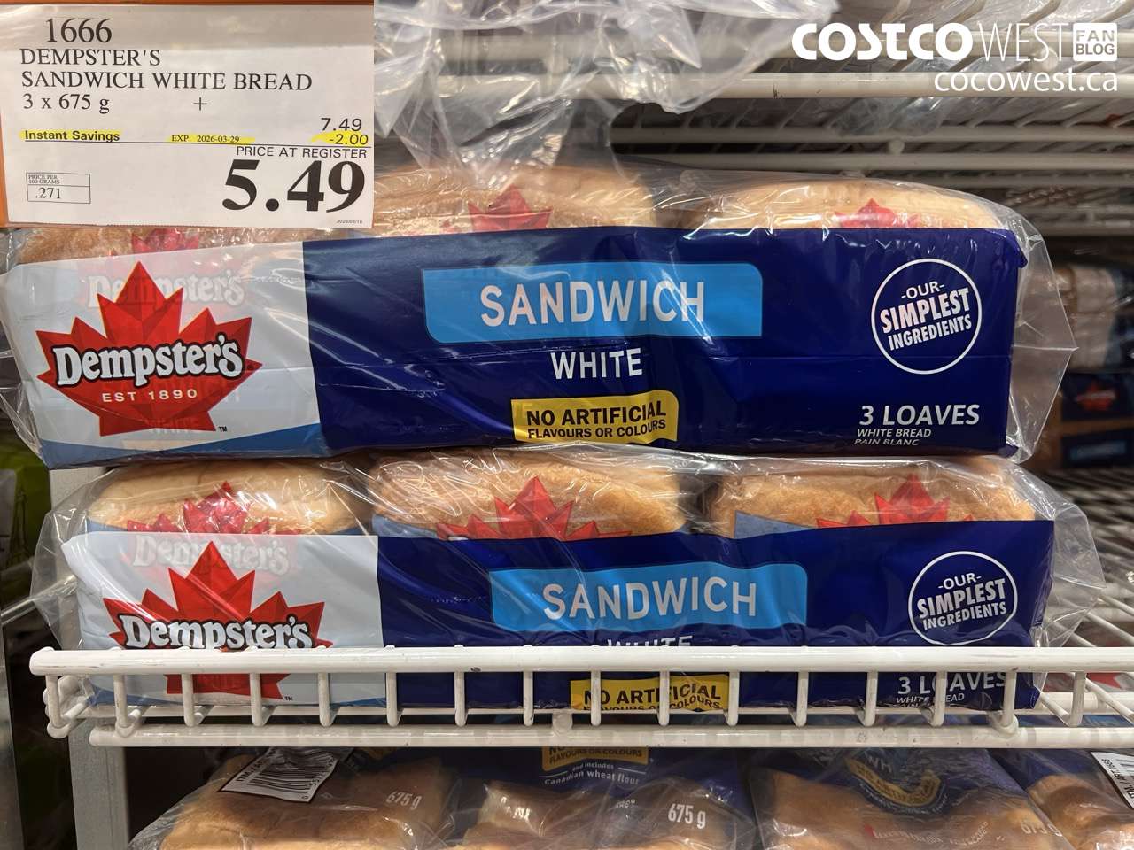 1666 DEMPSTER'S SANDWICH WHITE BREAD 3 X 675 G ($2.00 INSTANT SAVINGS EXPIRES ON 2026-03-29) $5.49