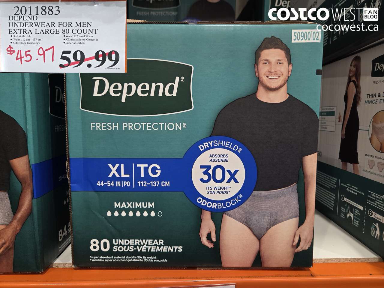 20111883 DEPEND UNDERWEAR FOR MEN EXTRA LARGE 80 COUNT $45.97