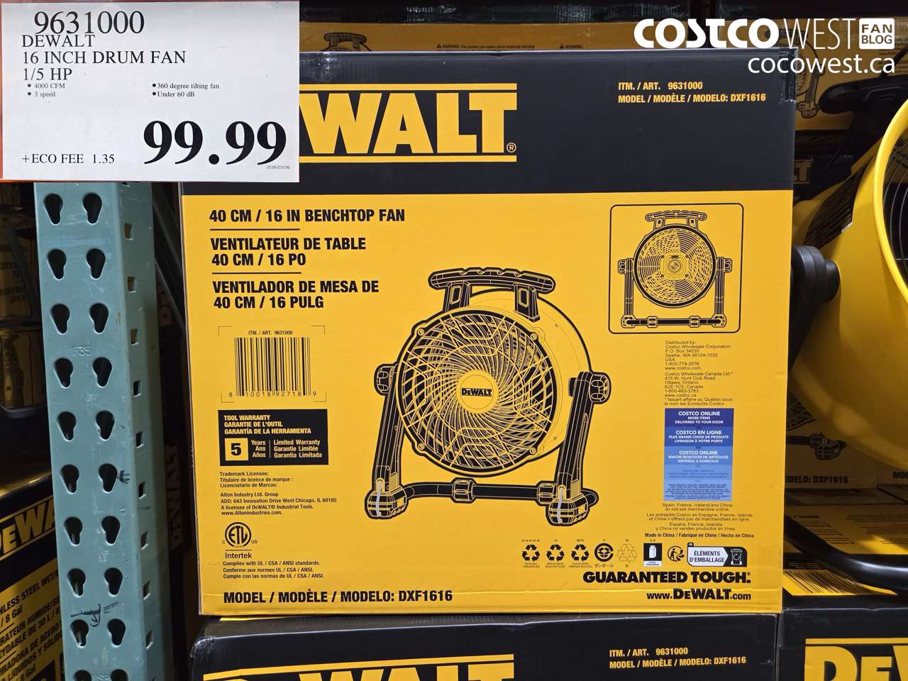 9631000 DEWALT 16 INCH DRUM FAN 1/5 HP $99.99