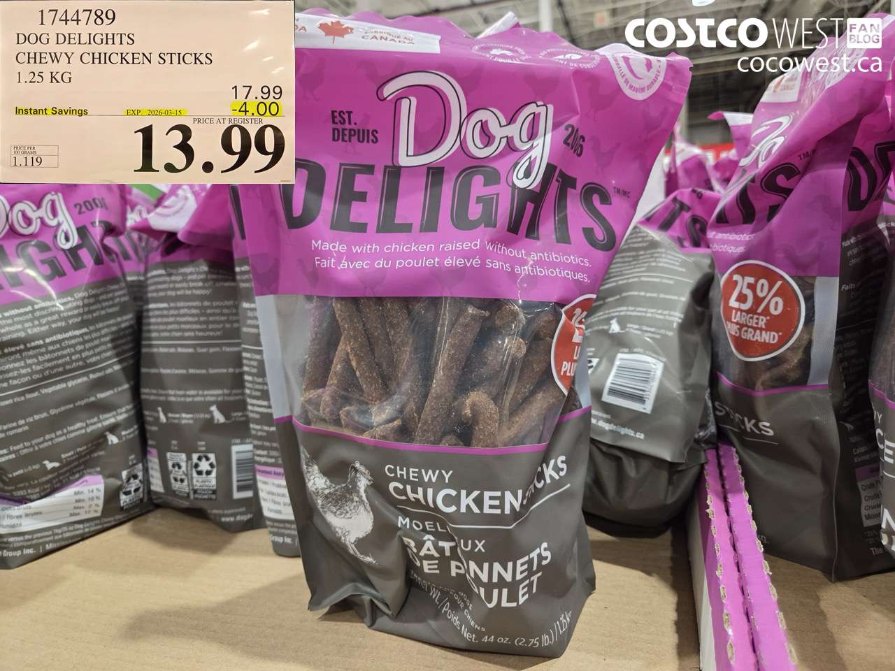 17447989 DOG DELIGHTS CHEWY CHICKEN STICKS 1.25 KG ($4.00 INSTANT SAVINGS EXPIRES ON 2026-03-15) $13.99