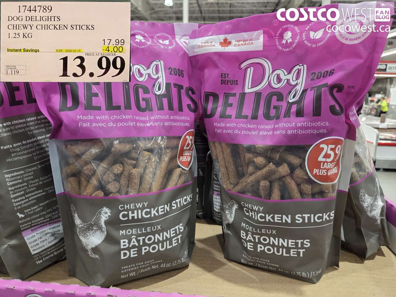 1744789 DOG DELIGHTS CHEWY CHICKEN STICKS 1.25 KG ($4.00 INSTANT SAVINGS EXPIRES ON 2026-03-15) $13.99