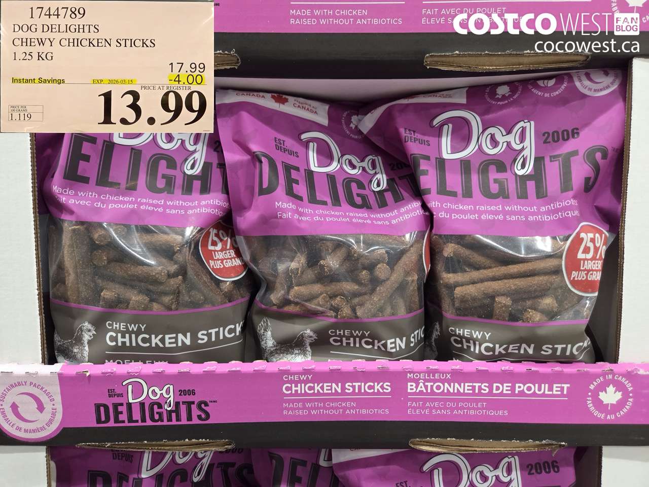 1744789 DOG DELIGHTS CHEWY CHICKEN STICKS 1.25 KG ($4.00 INSTANT SAVINGS EXPIRES ON 2026-03-15) $13.99