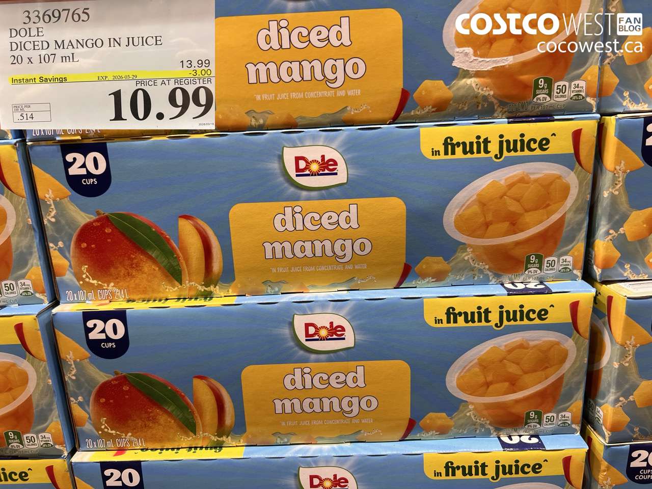 3369765 DOLE DICED MANGO IN JUICE 20 X 107ML ($3.00 INSTANT SAVINGS EXPIRES ON 2026-03-29) $10.99