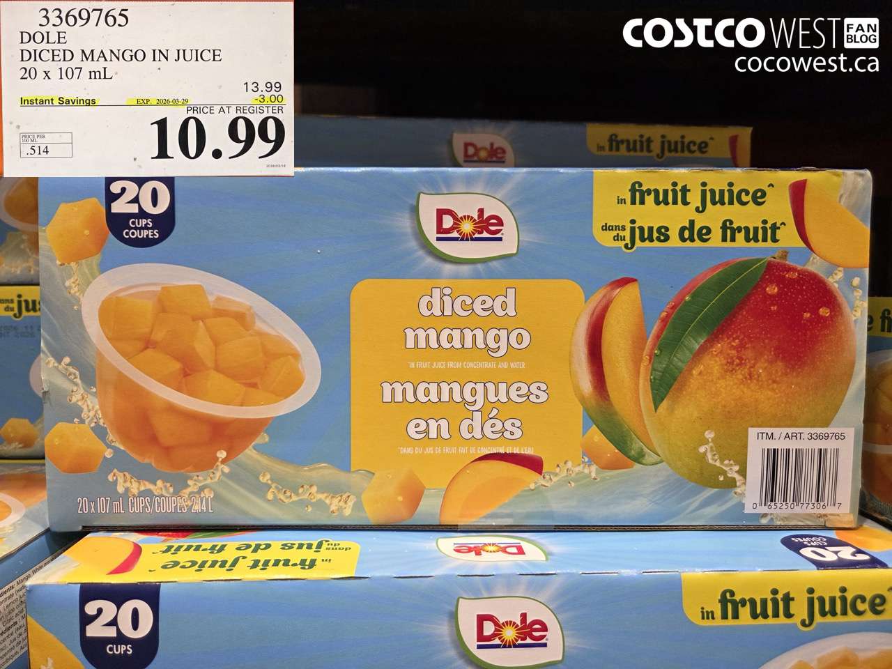 3369765 DOLE DICED MANGO IN JUICE 20 X 107 ML ($3.00 INSTANT SAVINGS EXPIRES ON 2026-03-29) $10.99