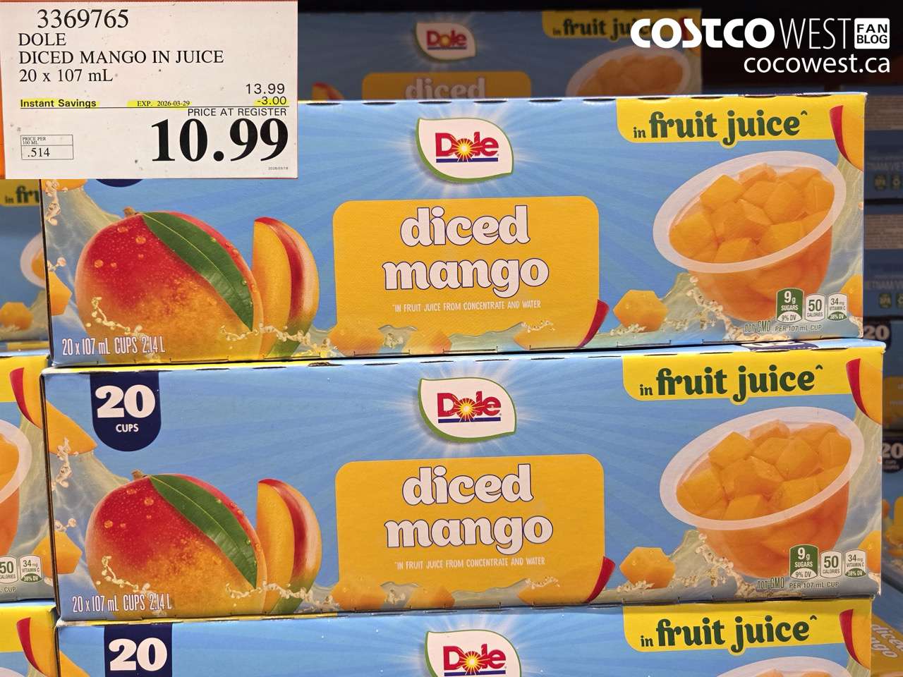 3369765 DOLE DICED MANGO IN JUICE 20 X 107 ML ($3.00 INSTANT SAVINGS EXPIRES ON 2026-03-29) $10.99