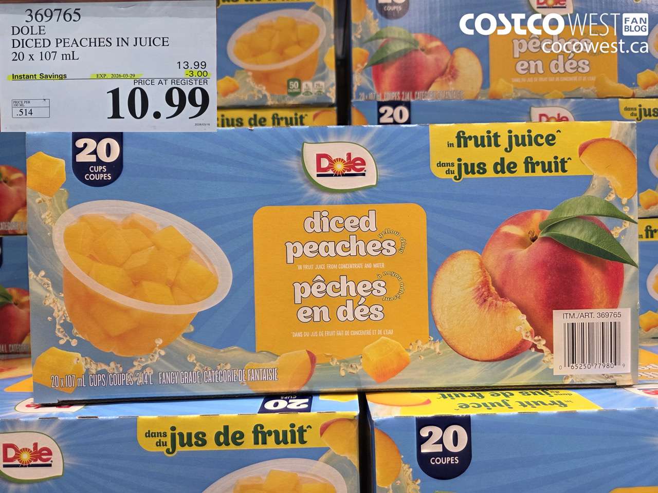 369765 DOLE DICED PEACHES IN JUICE 20 X 107 ML ($3.00 INSTANT SAVINGS EXPIRES ON 2026-03-29) $10.99