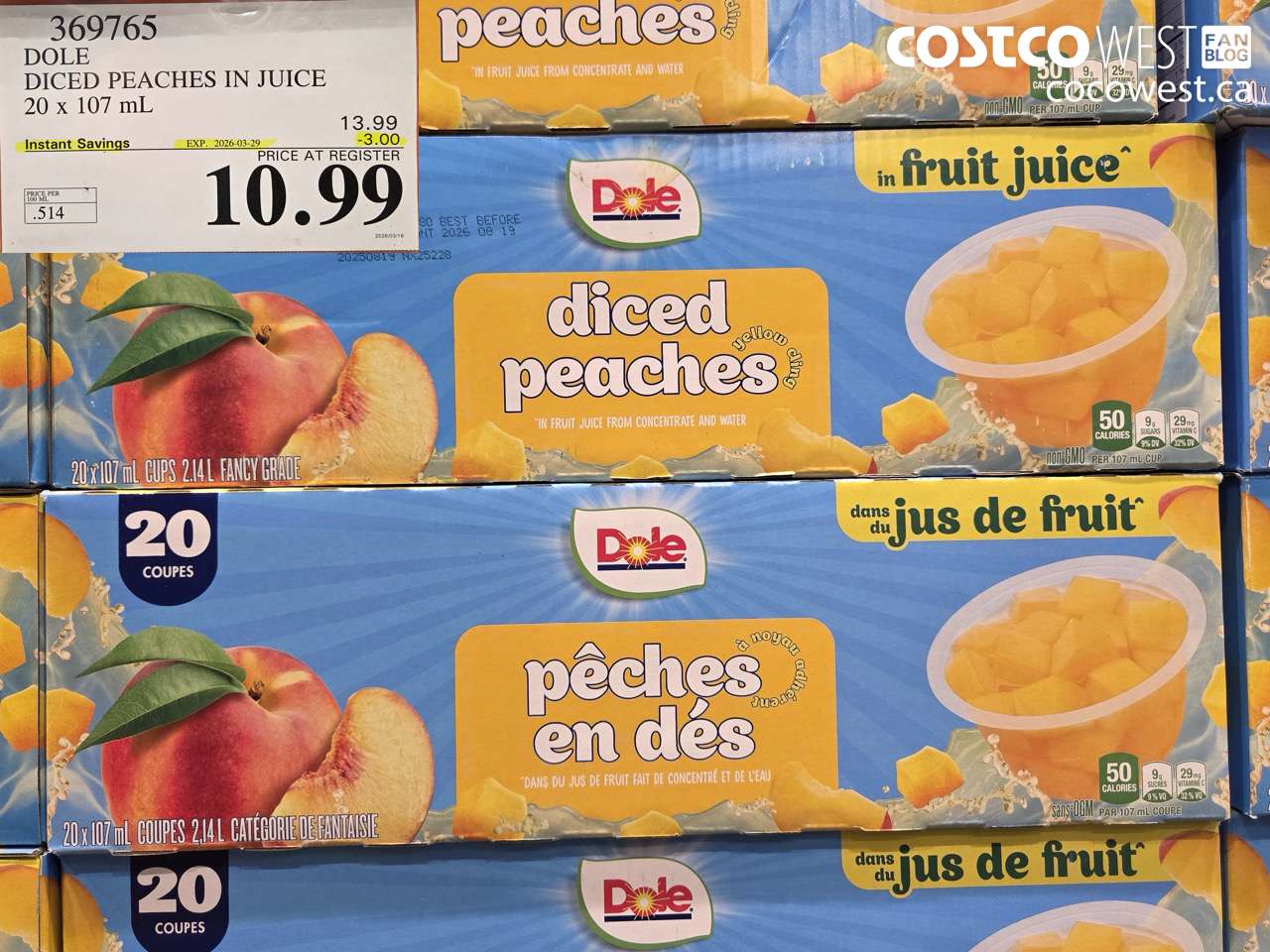 369765 DOLE DICED PEACHES IN JUICE 20 X 107 ML ($3.00 INSTANT SAVINGS EXPIRES ON 2026-03-29) $10.99