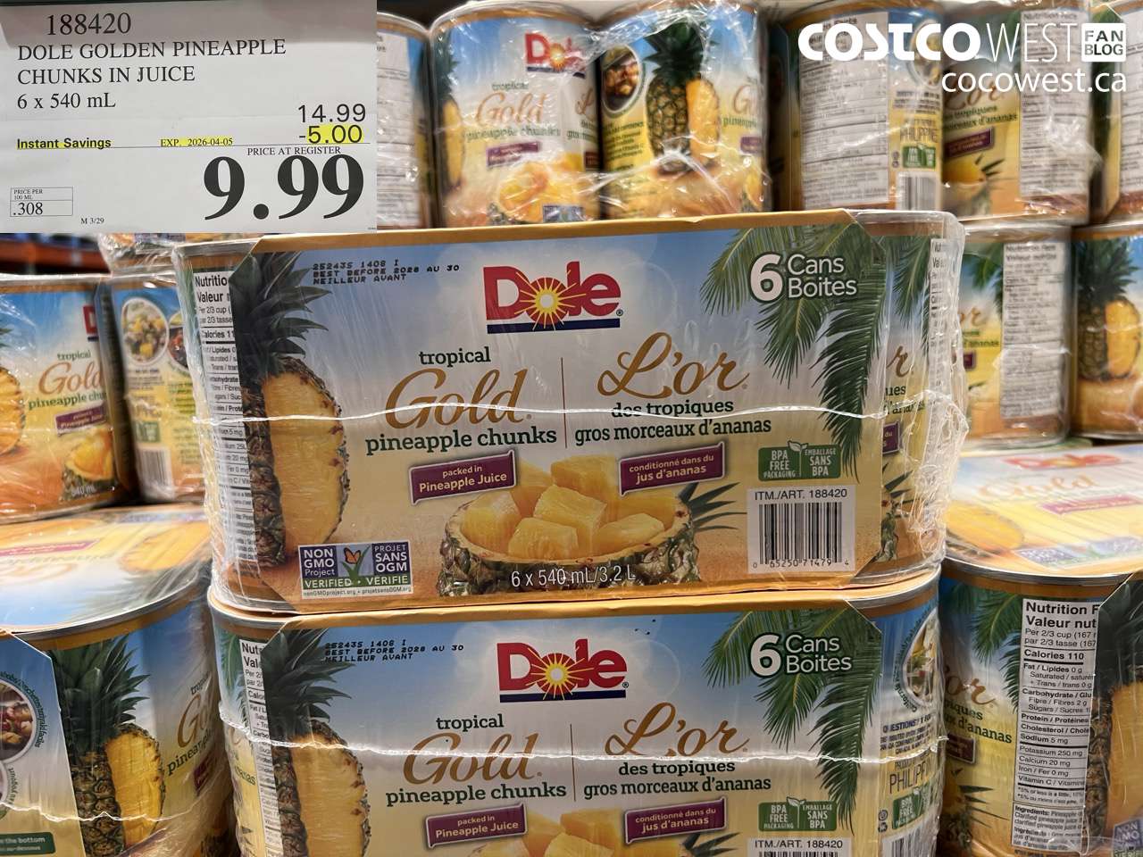 188420 DOLE GOLDEN PINEAPPLE CHUNKS IN JUICE 6 X 540ML ($5.00 INSTANT SAVINGS EXPIRES ON 2026-04-05) $9.99