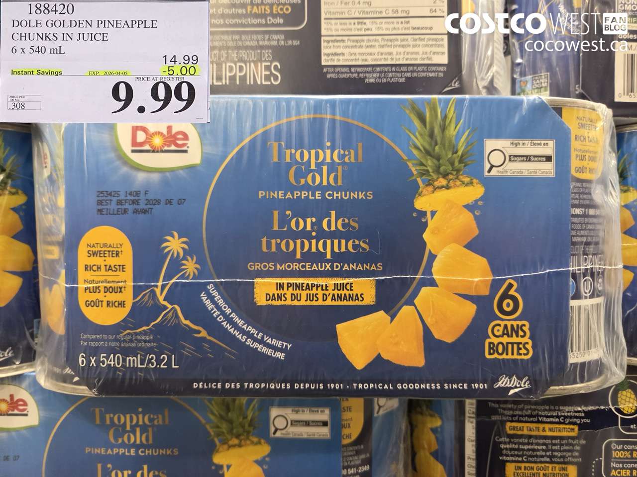 188420 DOLE GOLDEN PINEAPPLE CHUNKS IN JUICE 6 X 540ML ($5.00 INSTANT SAVINGS EXPIRES ON 2026-04-05) $9.99