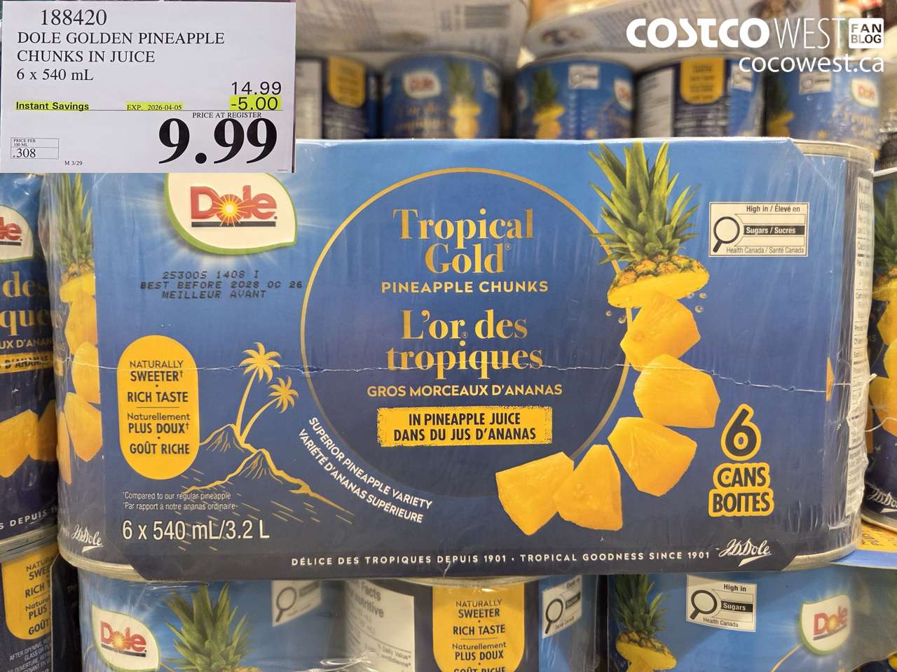 188420 DOLE GOLDEN PINEAPPLE CHUNKS IN JUICE 6 X 540 ML ($5.00 INSTANT SAVINGS EXPIRES ON 2026-04-05) $9.99