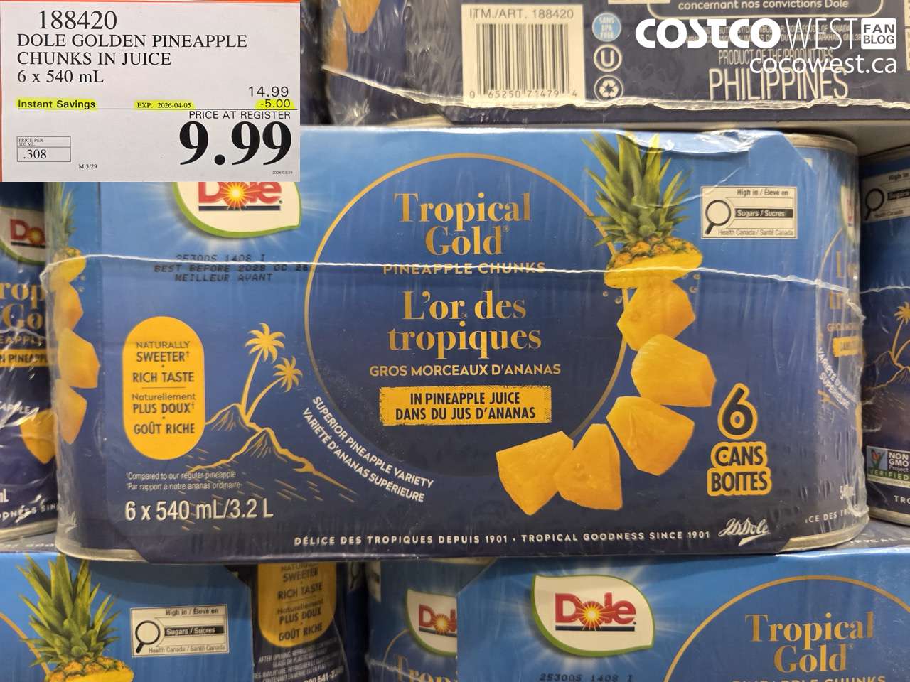 188420 DOLE GOLDEN PINEAPPLE CHUNKS IN JUICE 6 x 540 mL ($5.00 INSTANT SAVINGS EXPIRES ON 2026-04-05) $9.99
